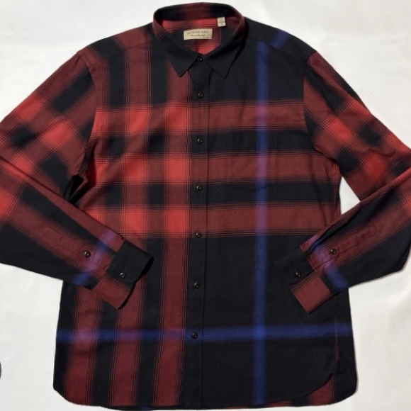 Burberry London Cotton Flannel Red & Black Plaid Check Button-Down Shirt